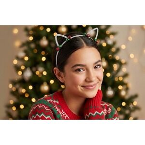 Justice Girls Silver Glitter Cat Ear Headband Red Green Holiday Jingle Bells NEW